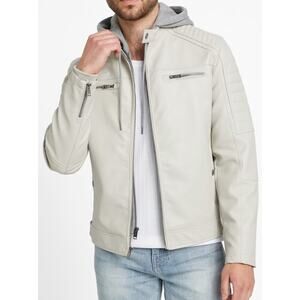 Guess David Faux-Leather Hooded Jacket Youth boys cream Moto full zip up SZ 14Y